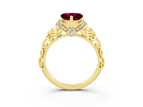Yellow gold Heart Cut Garnet Solitaire Ring with Filigree Band and Four-Prong Setting