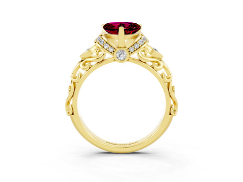Yellow gold Heart Cut Garnet Solitaire Ring with Filigree Band and Four-Prong Setting_27