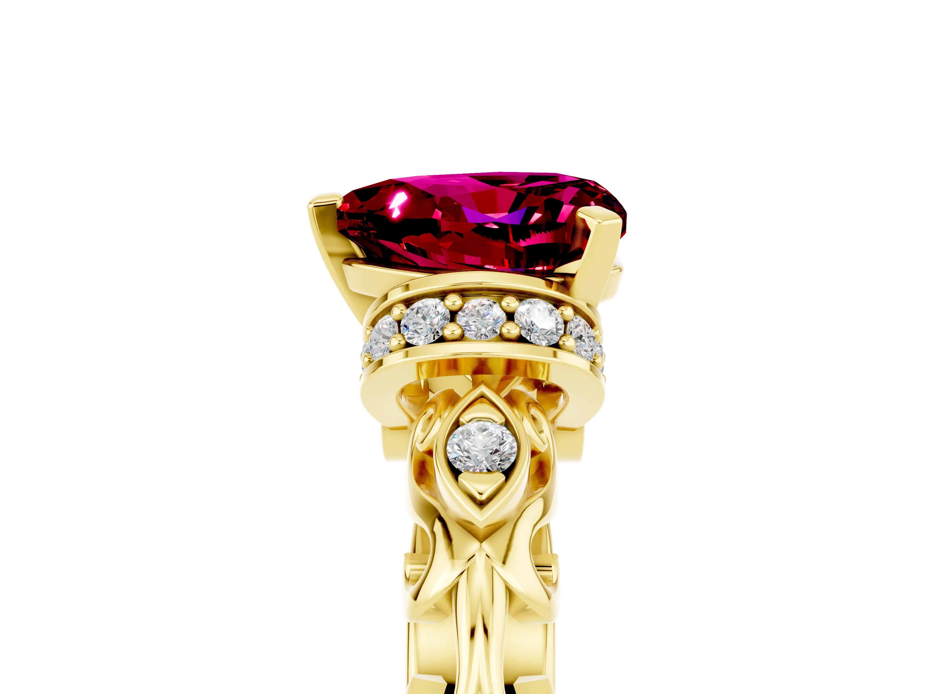 Yellow gold Heart Cut Garnet Solitaire Ring with Filigree Band and Four-Prong Setting_29