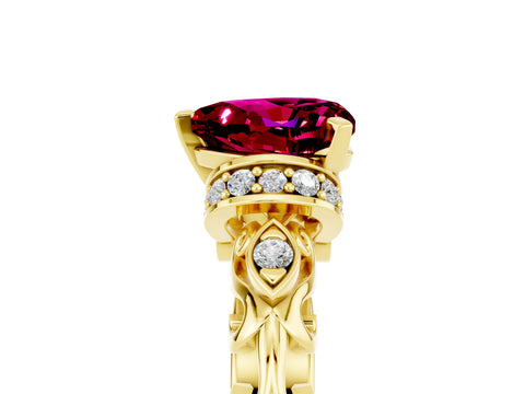 Yellow gold Heart Cut Garnet Solitaire Ring with Filigree Band and Four-Prong Setting_29