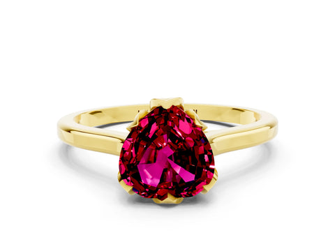 Yellow gold Heart Cut Garnet Solitaire Ring with Flower Prong Setting and Classic Band_12