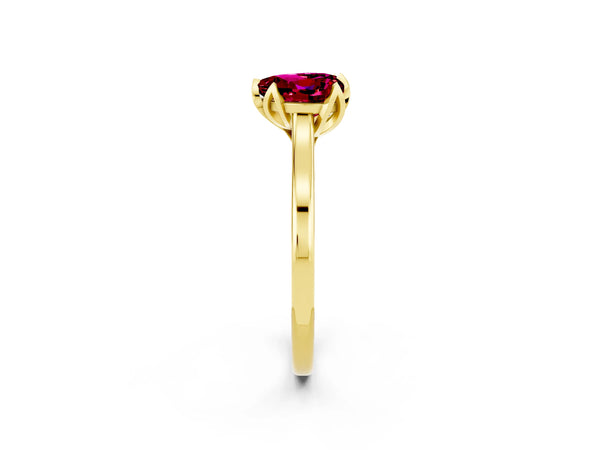 Yellow gold Heart Cut Garnet Solitaire Ring with Flower Prong Setting and Classic Band