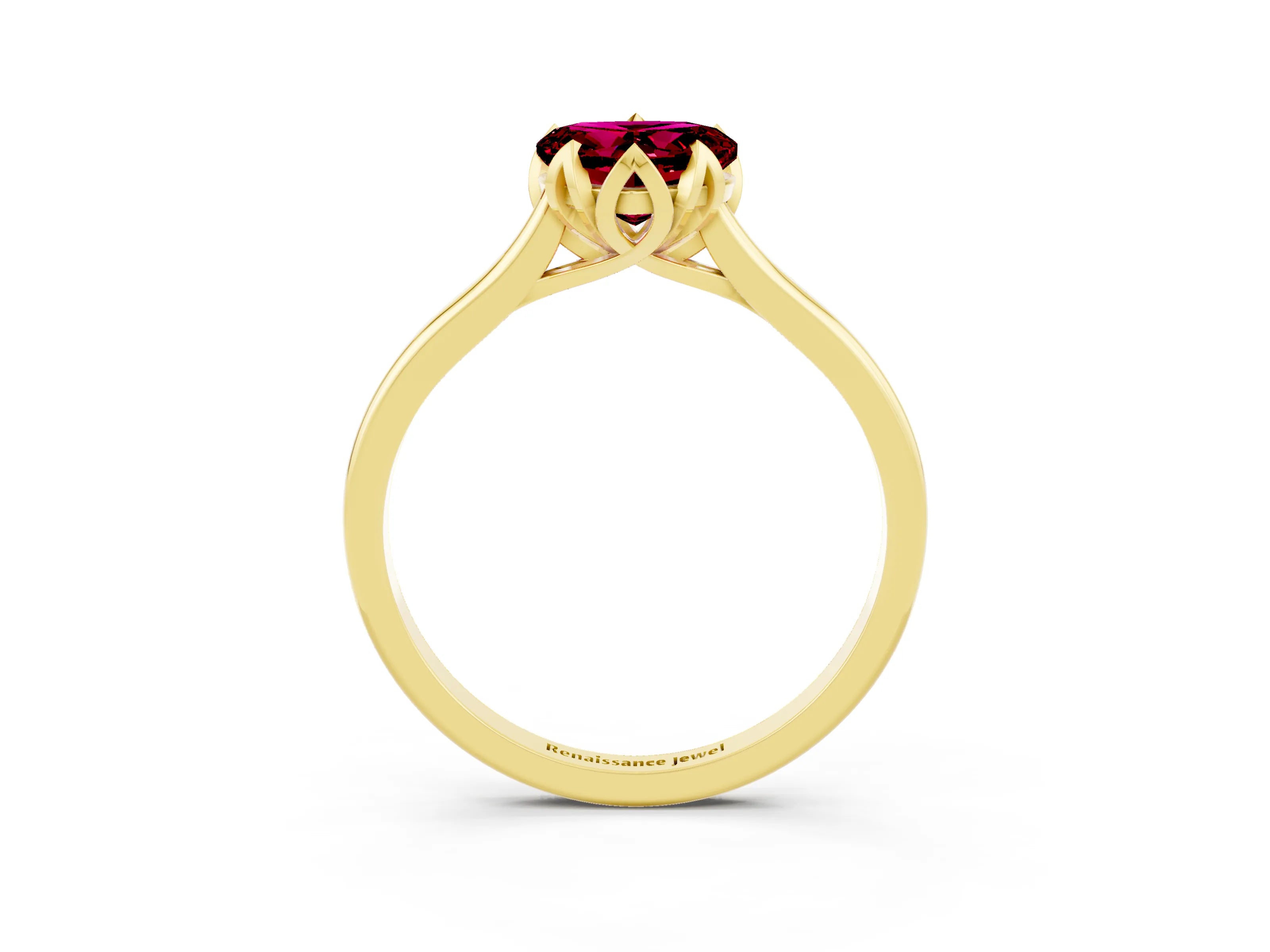 Yellow gold Heart Cut Garnet Solitaire Ring with Flower Prong Setting and Classic Band_15