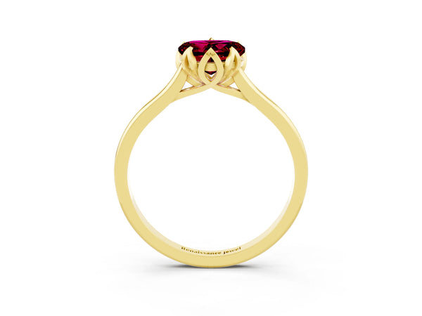 Yellow gold Heart Cut Garnet Solitaire Ring with Flower Prong Setting and Classic Band