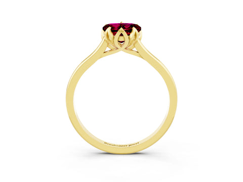 Yellow gold Heart Cut Garnet Solitaire Ring with Flower Prong Setting and Classic Band_15