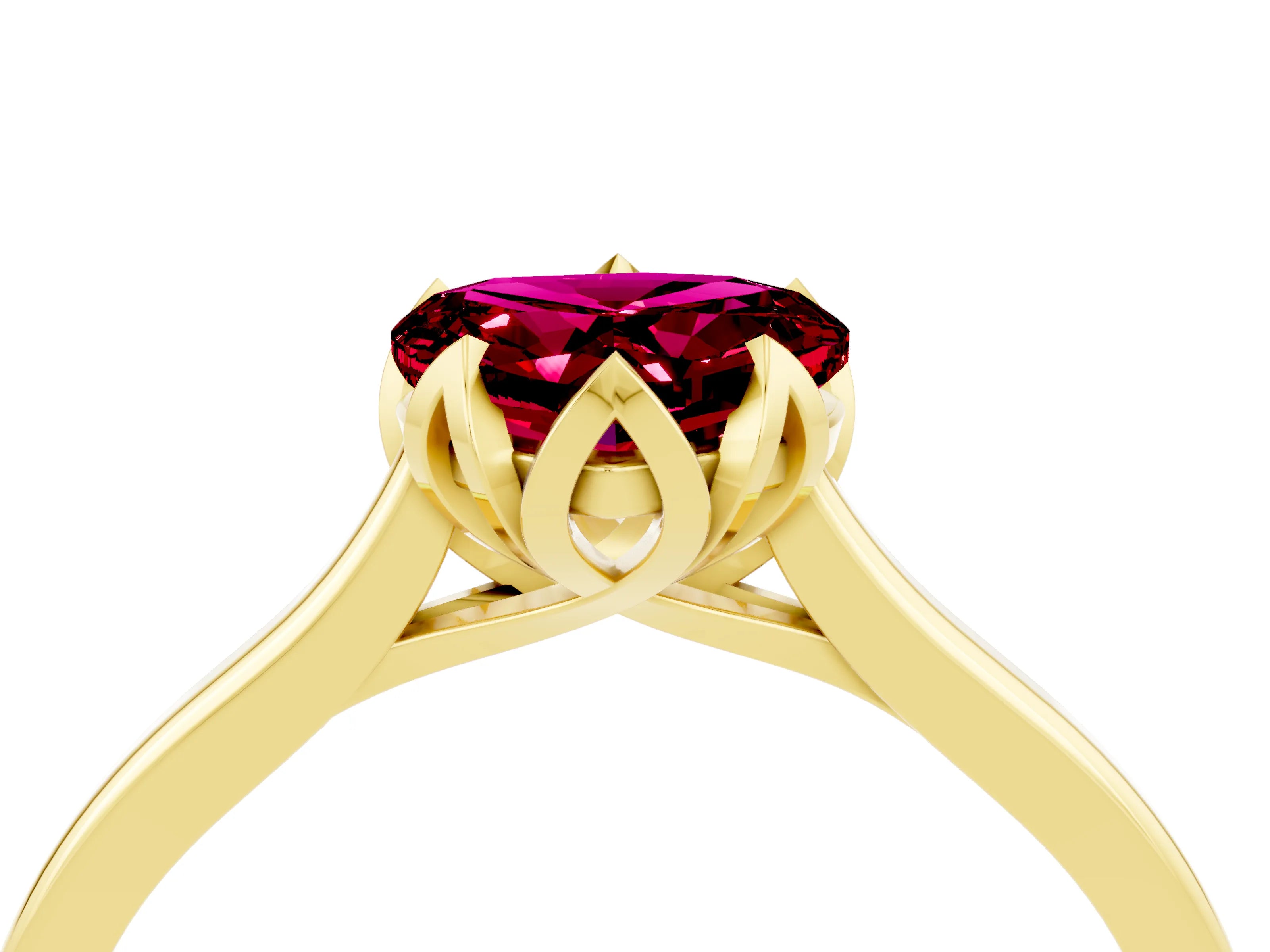 Yellow gold Heart Cut Garnet Solitaire Ring with Flower Prong Setting and Classic Band_16