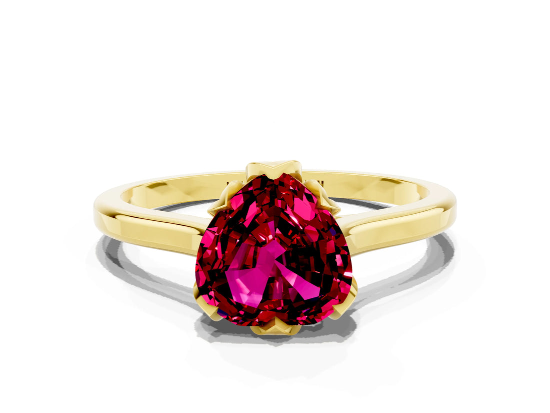 Yellow gold Heart Cut Garnet Solitaire Ring with Flower Prong Setting and Classic Band_36