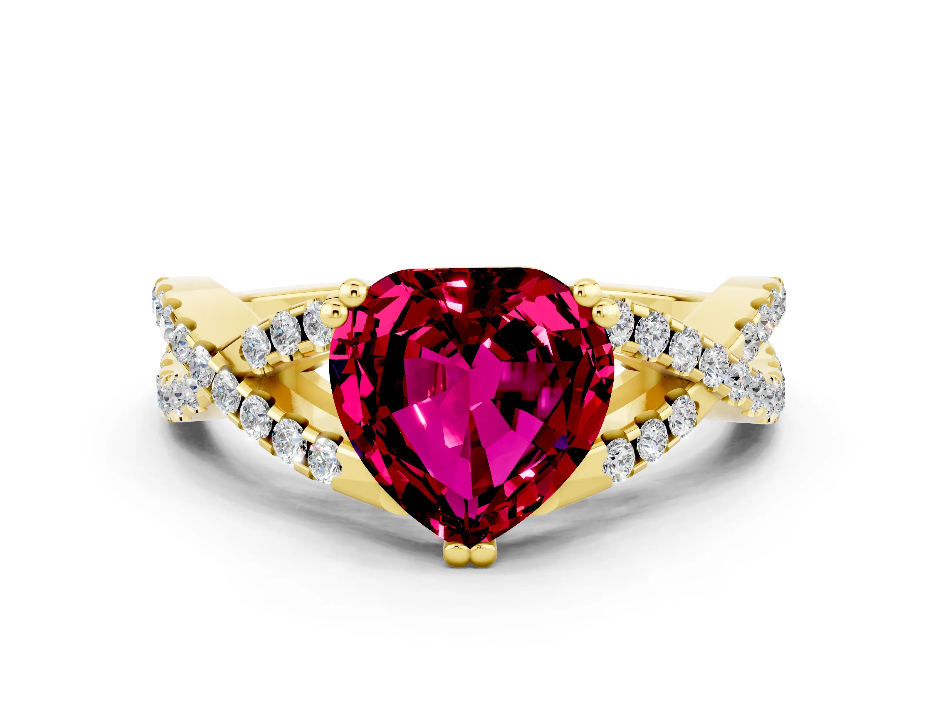 Yellow gold Heart Cut Garnet Solitaire Ring with Four-Prong Setting and Twisted Pavé Band