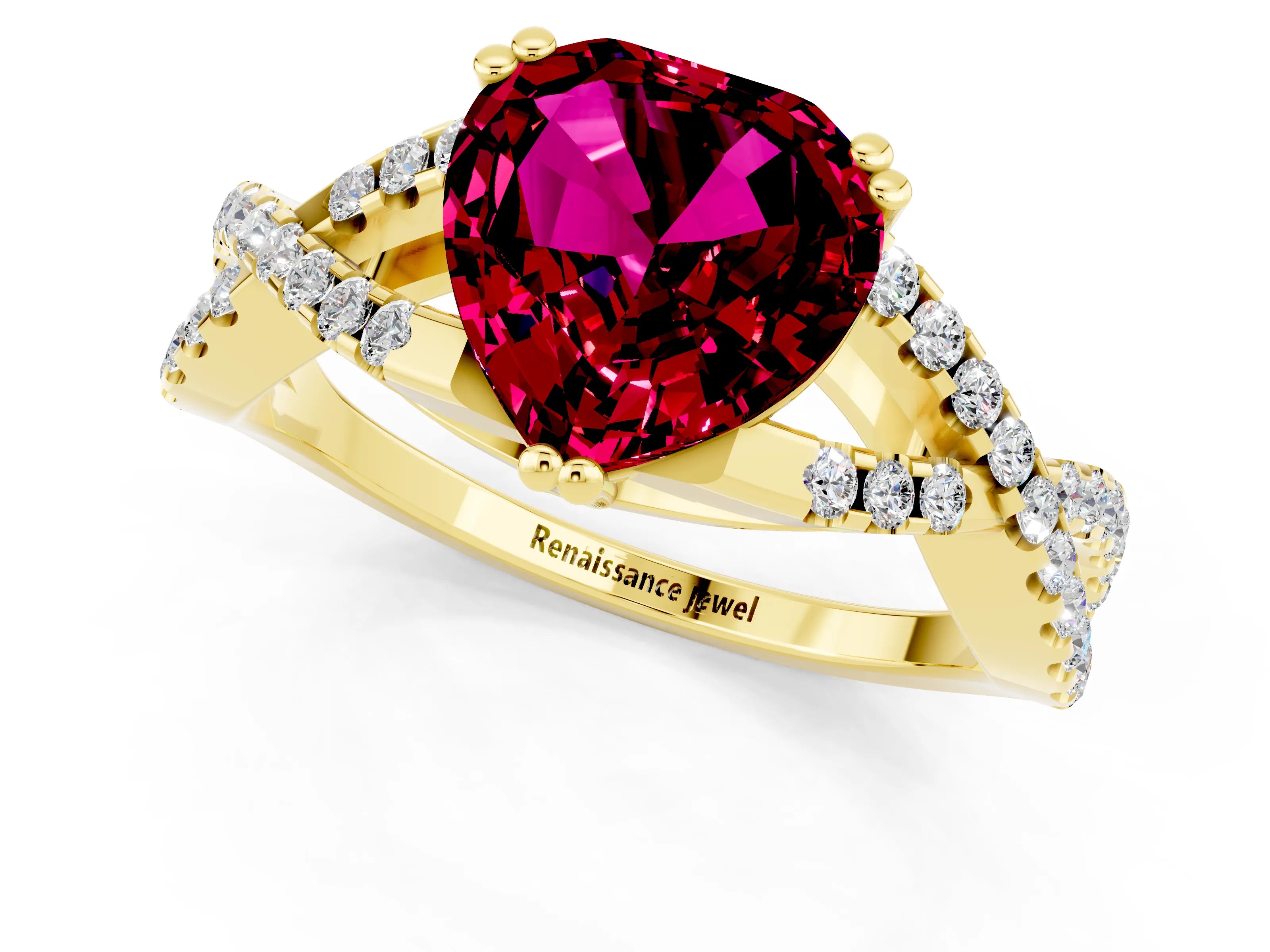 Yellow gold Heart Cut Garnet Solitaire Ring with Four-Prong Setting and Twisted Pavé Band_1