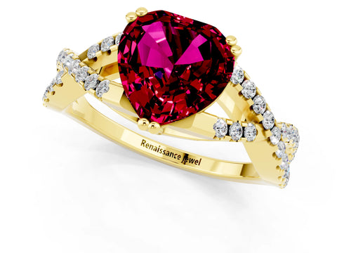 Yellow gold Heart Cut Garnet Solitaire Ring with Four-Prong Setting and Twisted Pavé Band_1
