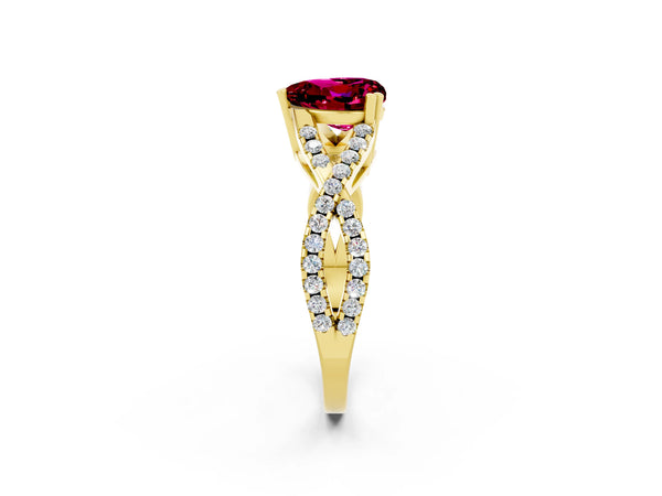 Yellow gold Heart Cut Garnet Solitaire Ring with Four-Prong Setting and Twisted Pavé Band