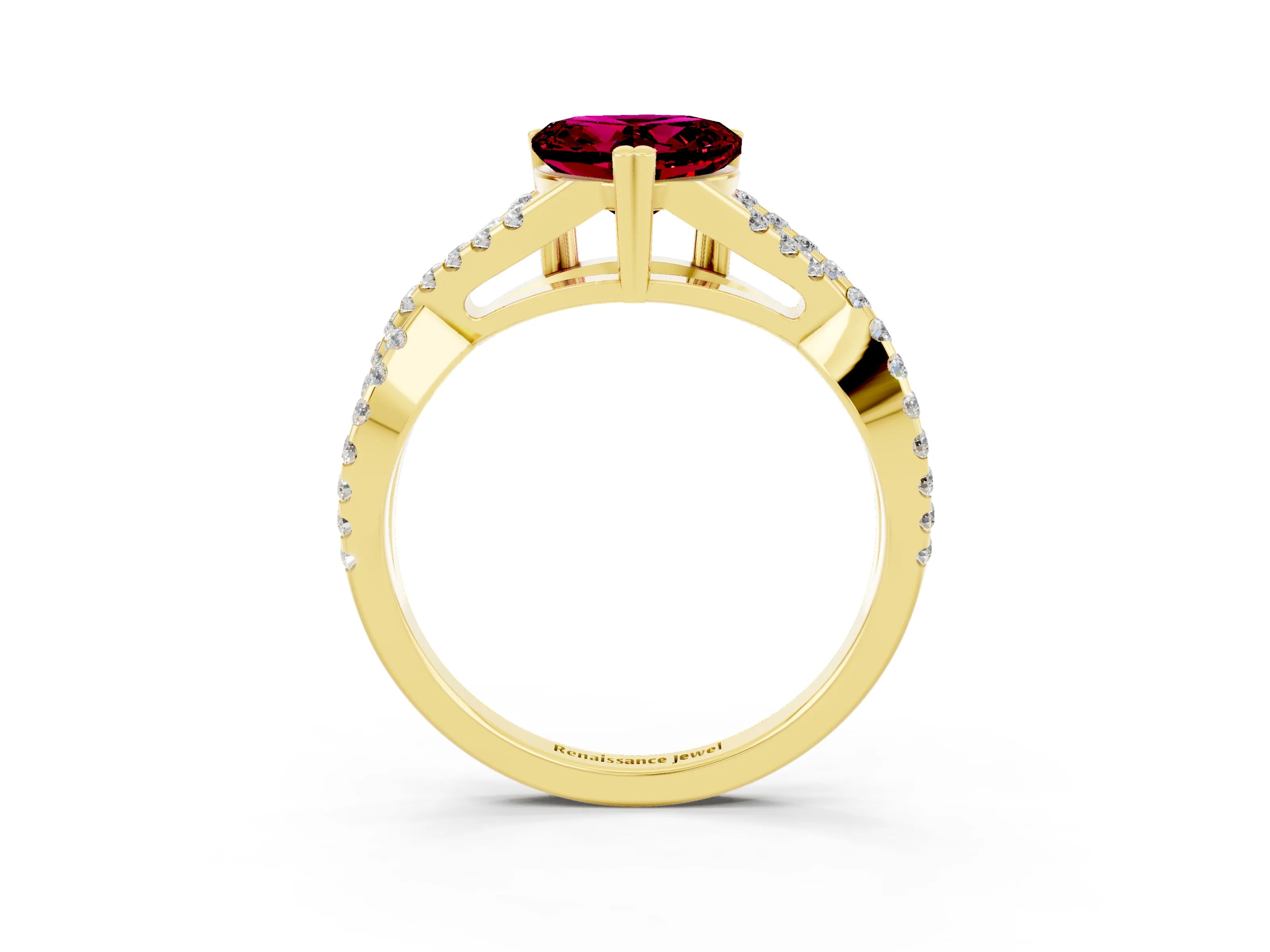 Yellow gold Heart Cut Garnet Solitaire Ring with Four-Prong Setting and Twisted Pavé Band_3