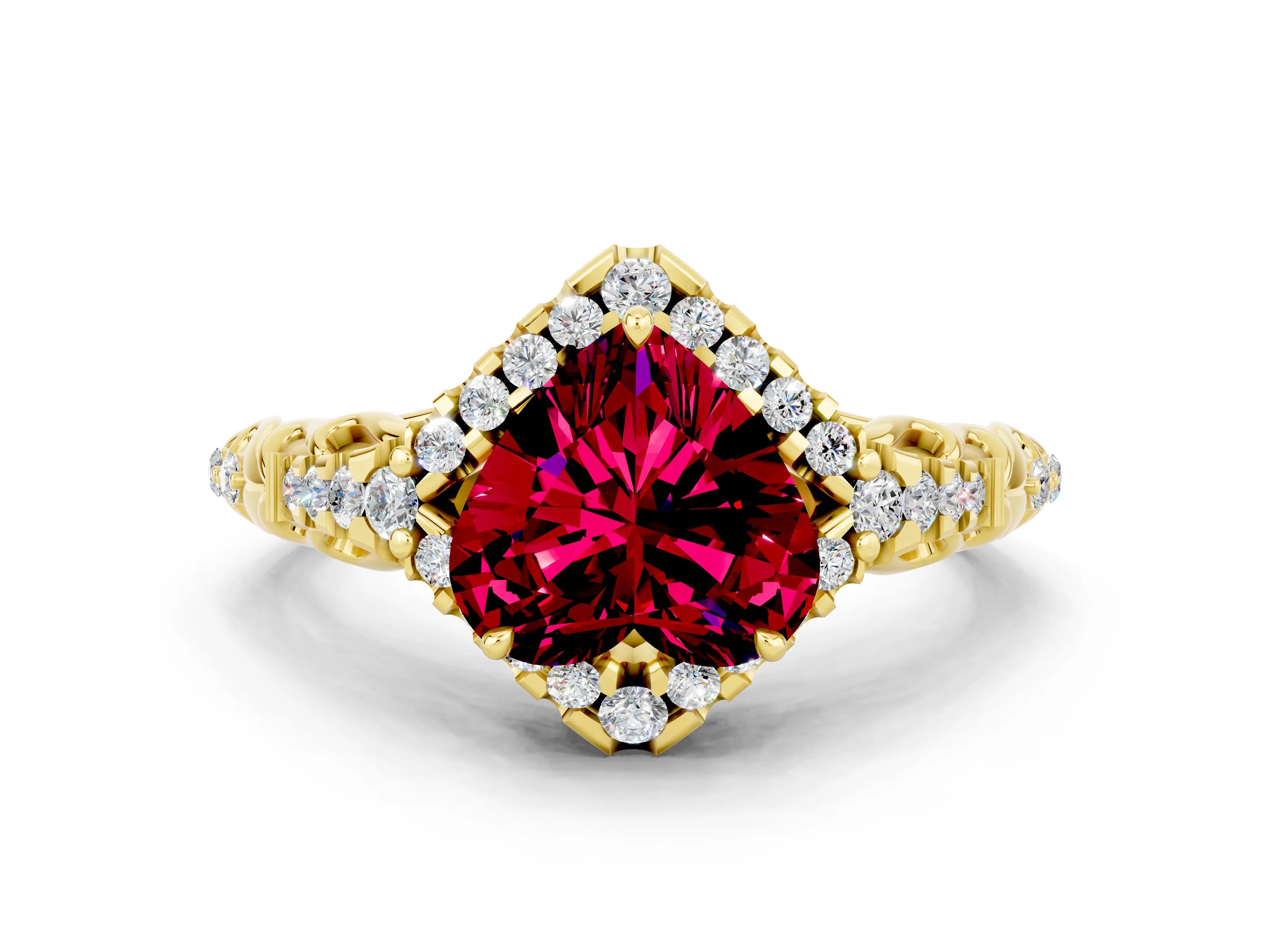 Yellow gold Heart Cut Garnet Solitaire Ring with Hidden Halo and Pavé Band_12