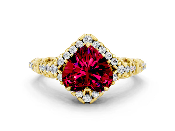 Yellow gold Heart Cut Garnet Solitaire Ring with Hidden Halo and Pavé Band