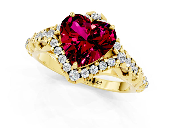 Yellow gold Heart Cut Garnet Solitaire Ring with Hidden Halo and Pavé Band