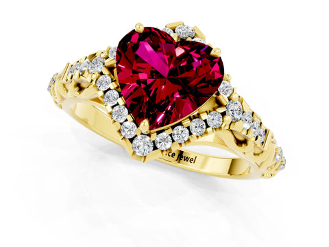 Yellow gold Heart Cut Garnet Solitaire Ring with Hidden Halo and Pavé Band_13