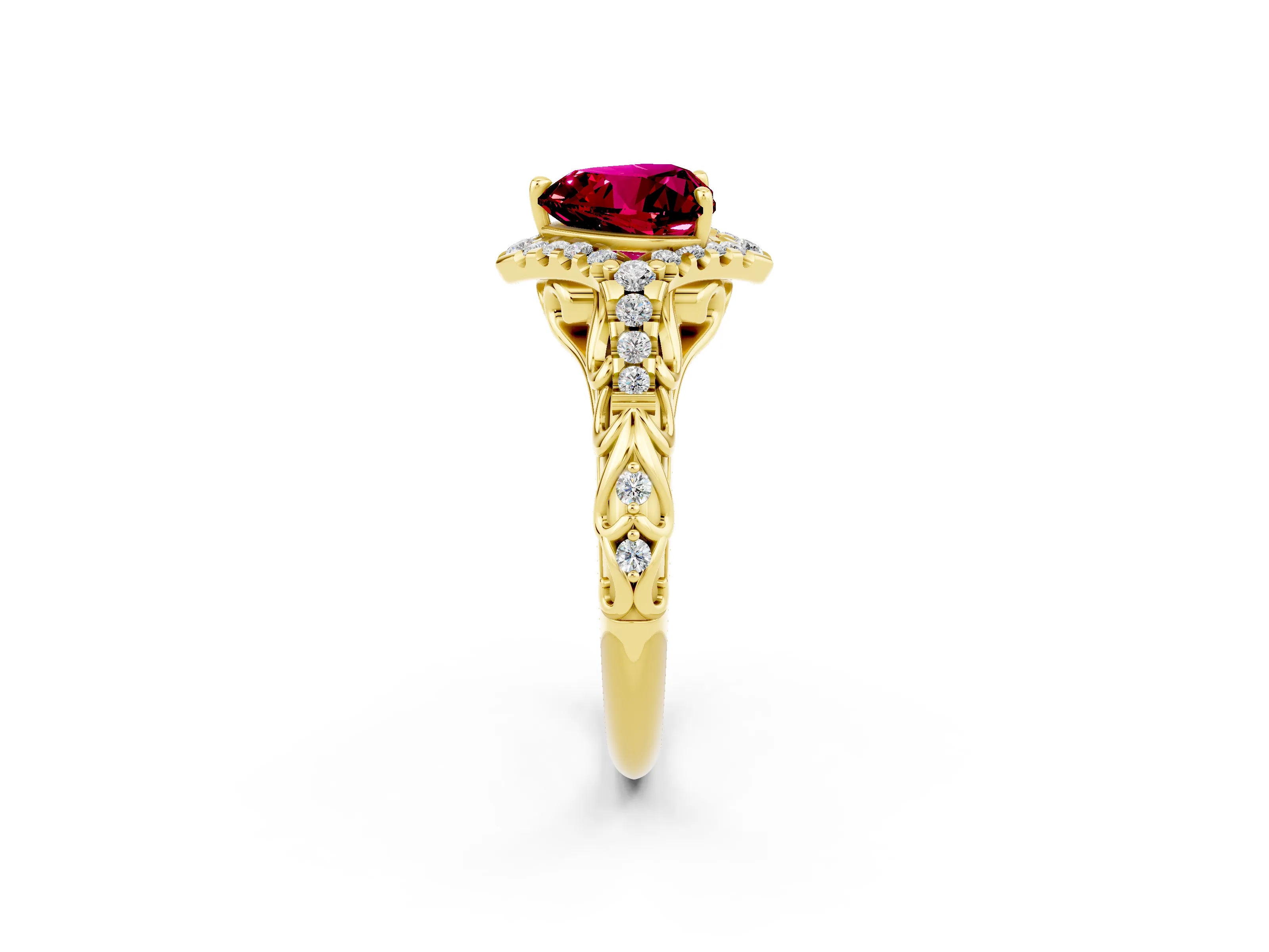 Yellow gold Heart Cut Garnet Solitaire Ring with Hidden Halo and Pavé Band_14