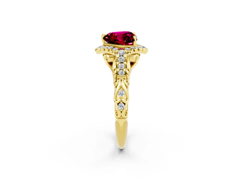 Yellow gold Heart Cut Garnet Solitaire Ring with Hidden Halo and Pavé Band_14