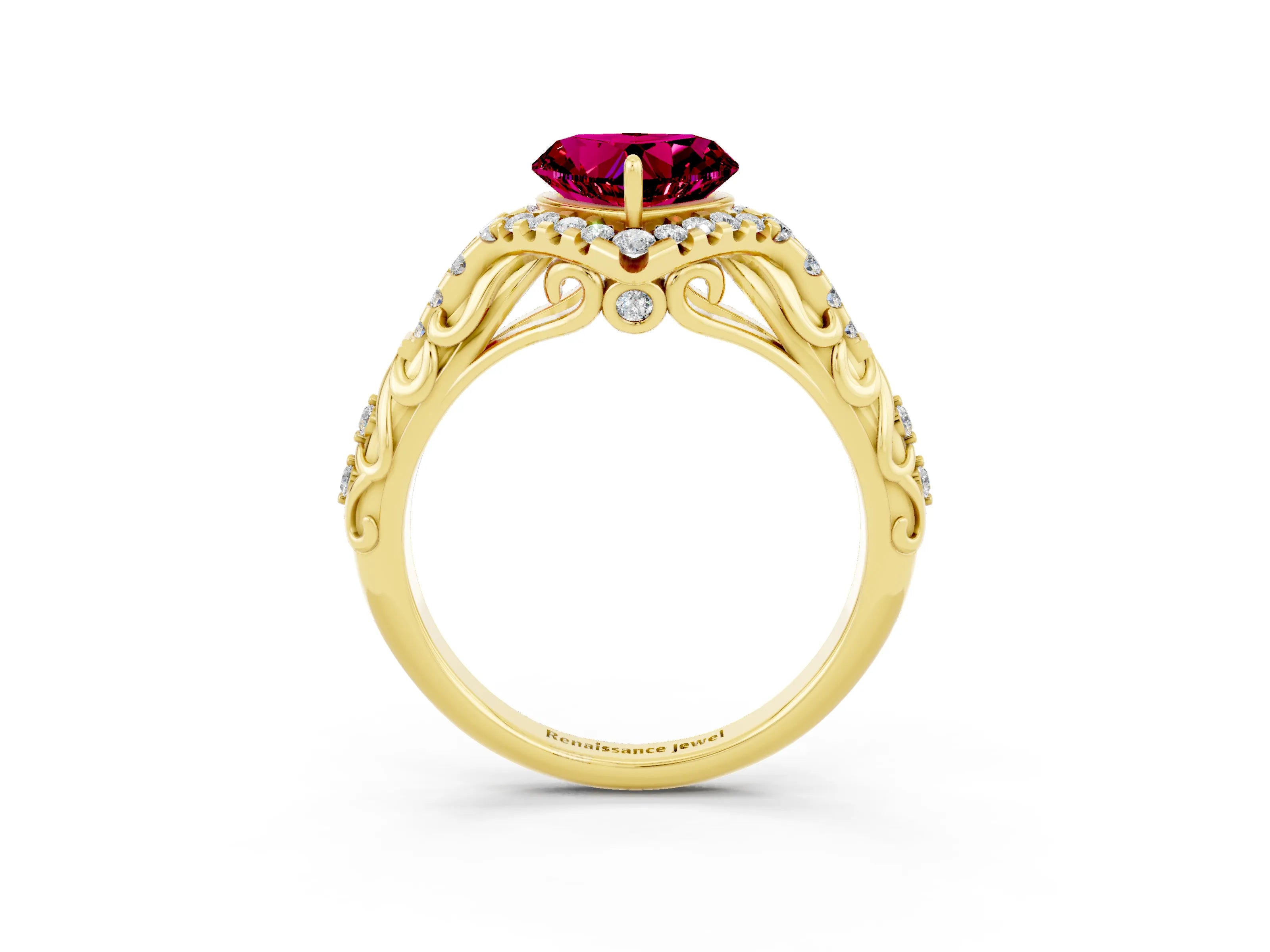 Yellow gold Heart Cut Garnet Solitaire Ring with Hidden Halo and Pavé Band_15