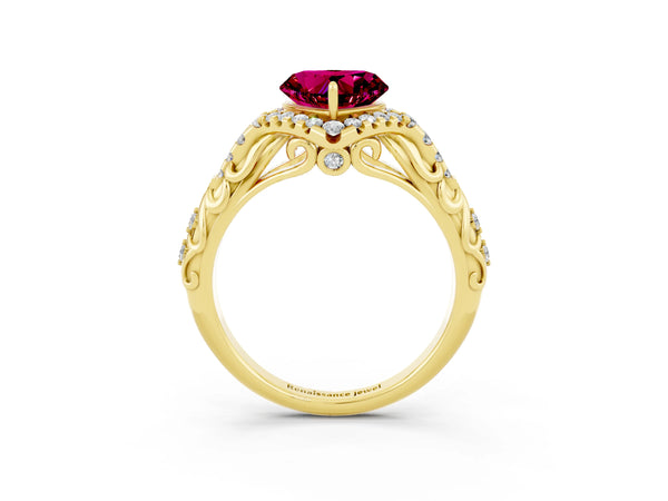 Yellow gold Heart Cut Garnet Solitaire Ring with Hidden Halo and Pavé Band