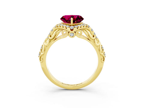 Yellow gold Heart Cut Garnet Solitaire Ring with Hidden Halo and Pavé Band_15