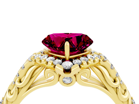 Yellow gold Heart Cut Garnet Solitaire Ring with Hidden Halo and Pavé Band_16