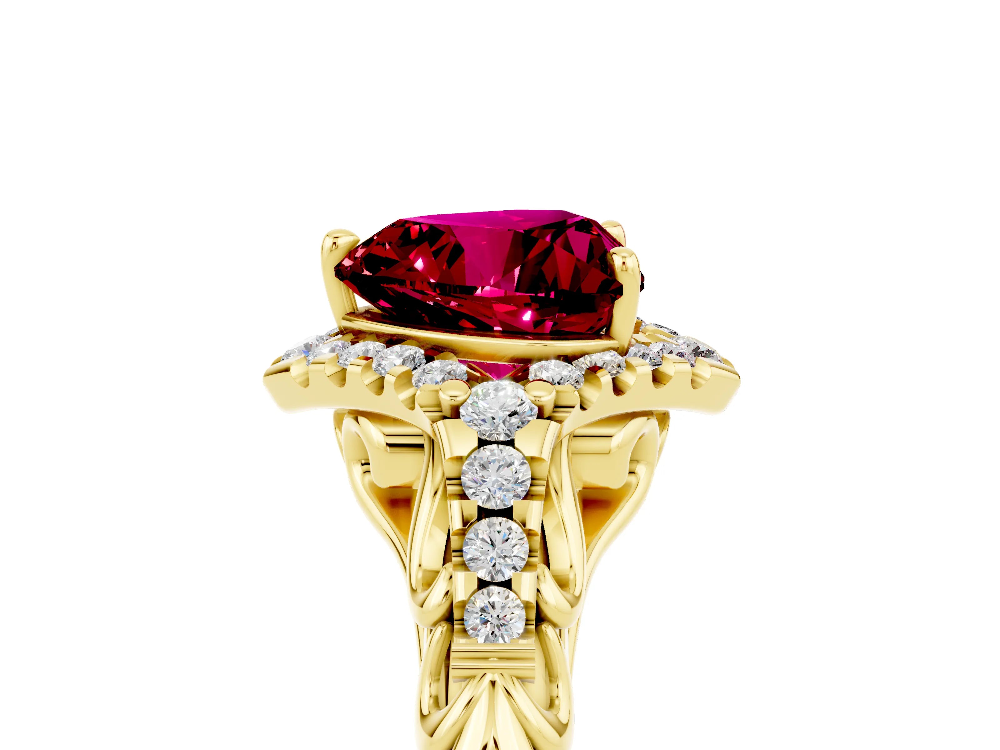 Yellow gold Heart Cut Garnet Solitaire Ring with Hidden Halo and Pavé Band_17