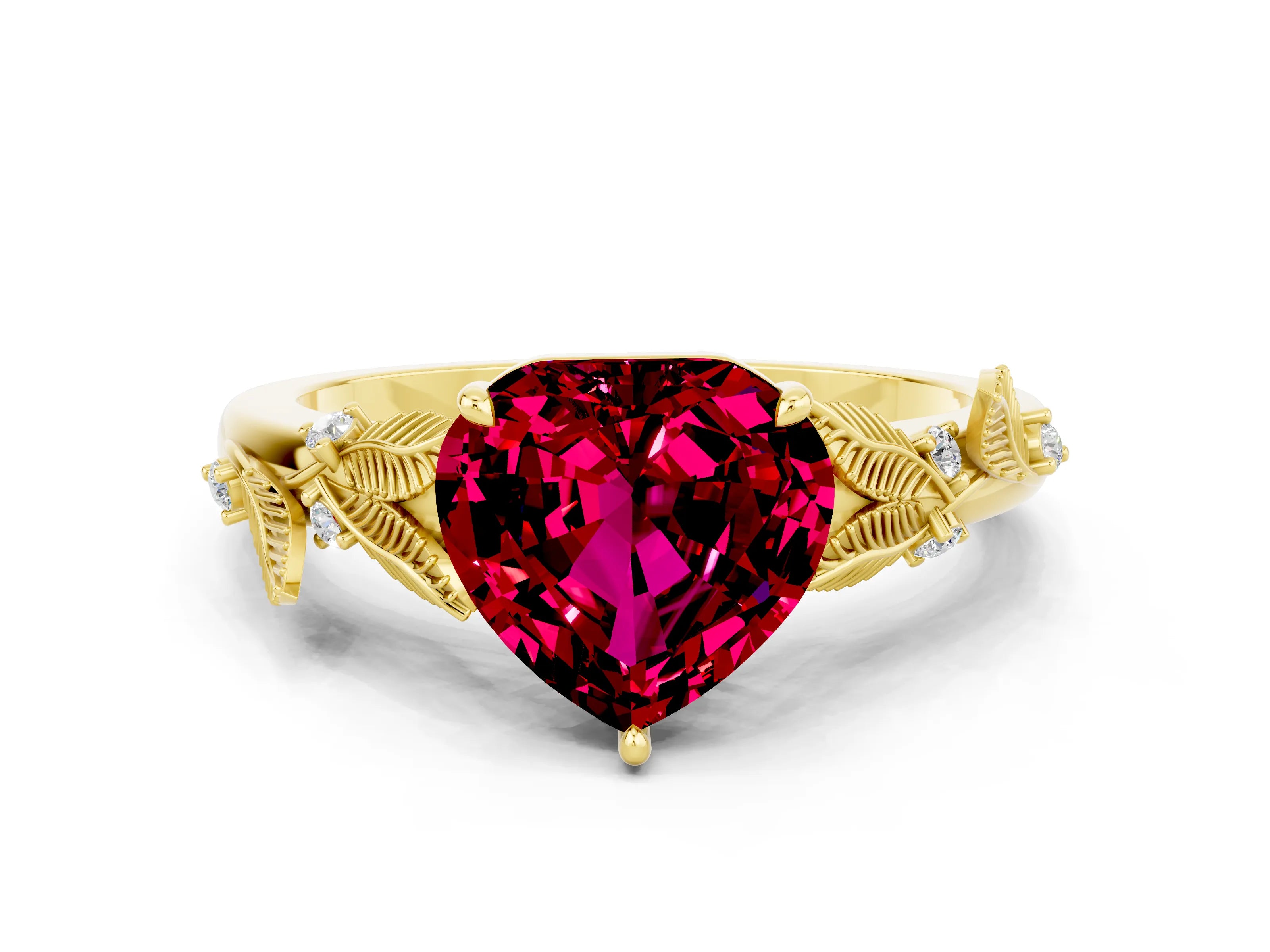 Yellow gold Heart Cut Garnet Solitaire Ring with Leaf Motif Band and Four-Prong Setting