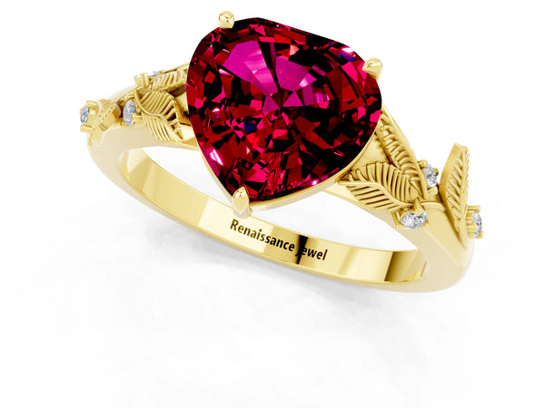 Yellow gold Heart Cut Garnet Solitaire Ring with Leaf Motif Band and Four-Prong Setting