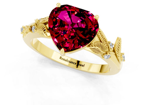 Yellow gold Heart Cut Garnet Solitaire Ring with Leaf Motif Band and Four-Prong Setting_1