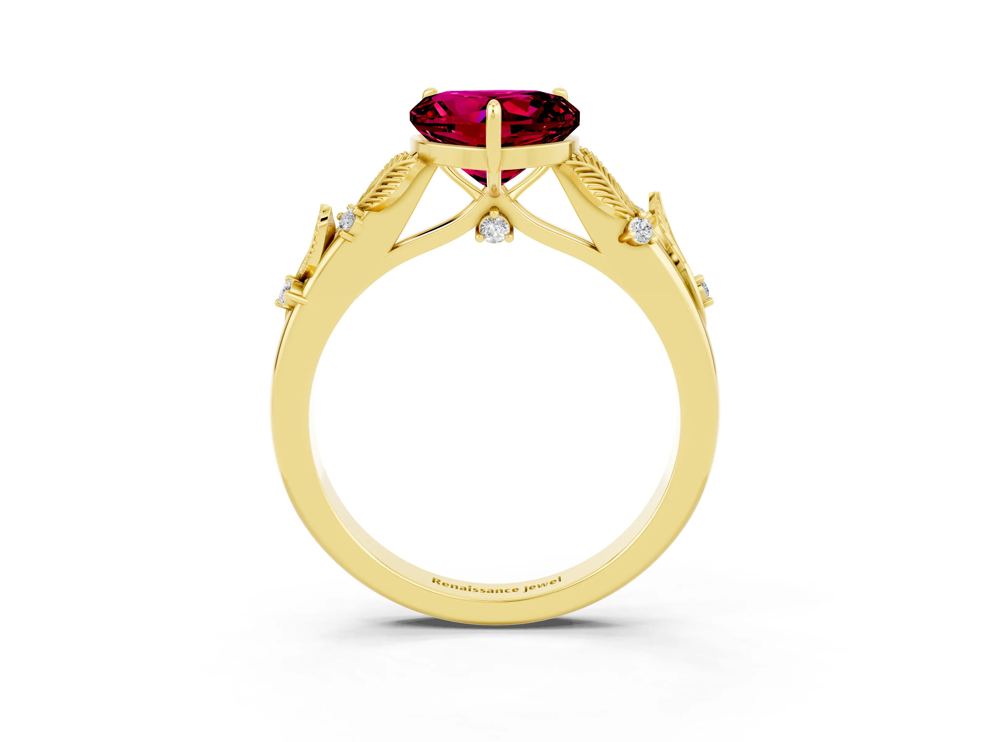 Yellow gold Heart Cut Garnet Solitaire Ring with Leaf Motif Band and Four-Prong Setting_3