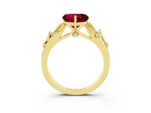 Yellow gold Heart Cut Garnet Solitaire Ring with Leaf Motif Band and Four-Prong Setting_3