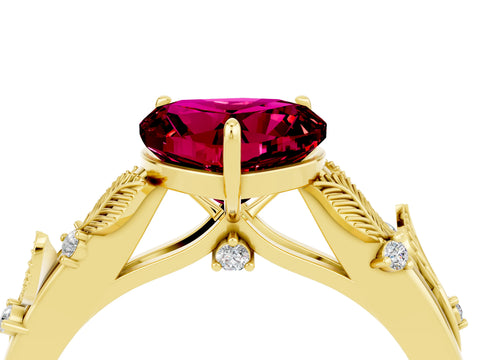 Yellow gold Heart Cut Garnet Solitaire Ring with Leaf Motif Band and Four-Prong Setting_4
