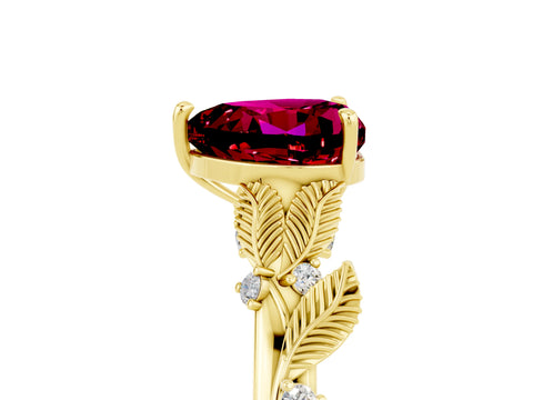 Yellow gold Heart Cut Garnet Solitaire Ring with Leaf Motif Band and Four-Prong Setting_5