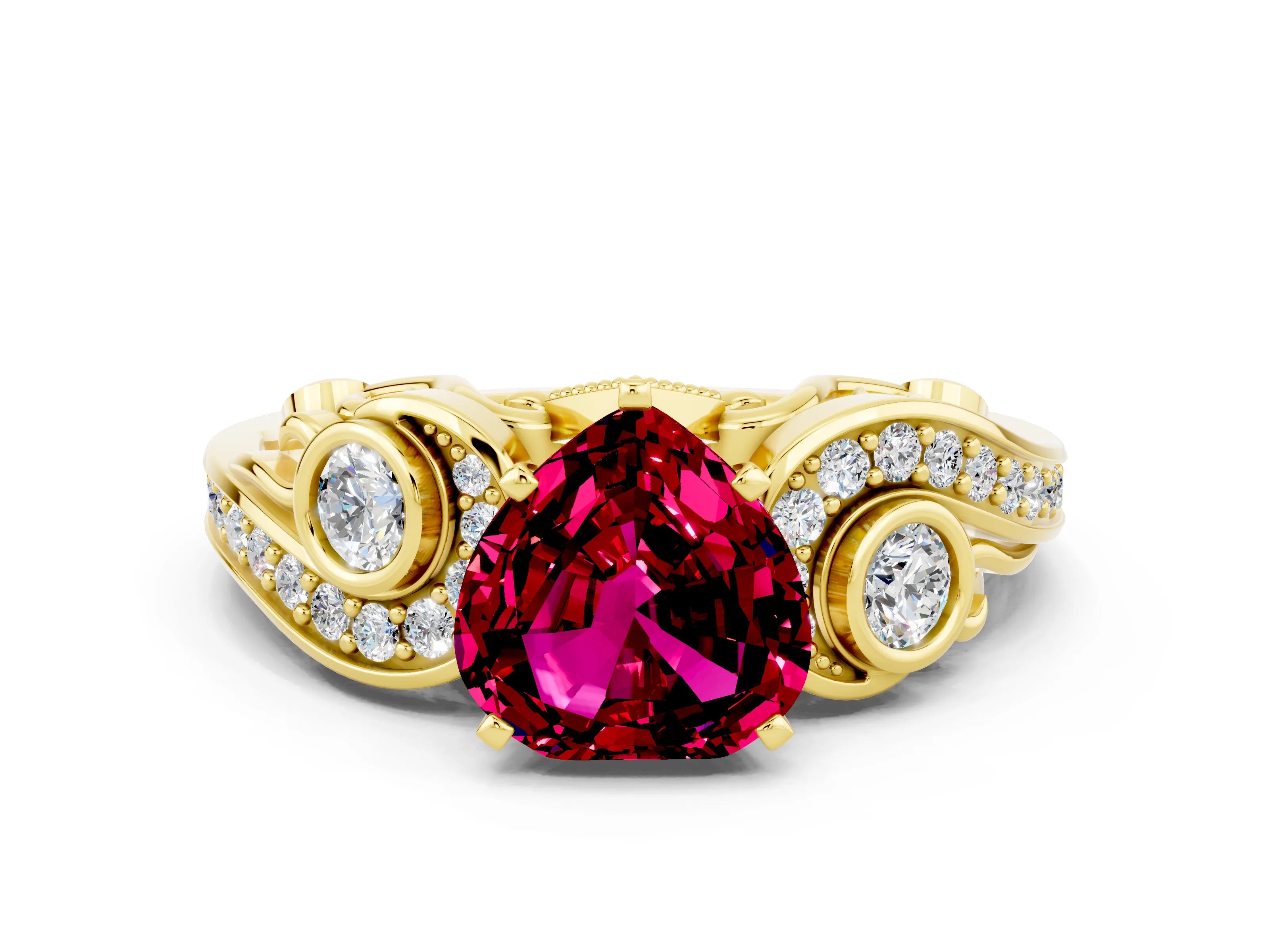 Yellow gold Heart Cut Garnet Solitaire Ring with Milgrain Pavé Band and Four-Prong Setting_24