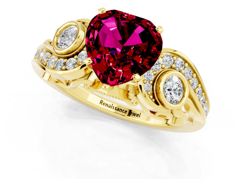 Yellow gold Heart Cut Garnet Solitaire Ring with Milgrain Pavé Band and Four-Prong Setting_25