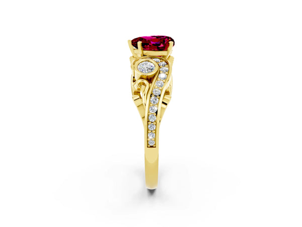 Yellow gold Heart Cut Garnet Solitaire Ring with Milgrain Pavé Band and Four-Prong Setting