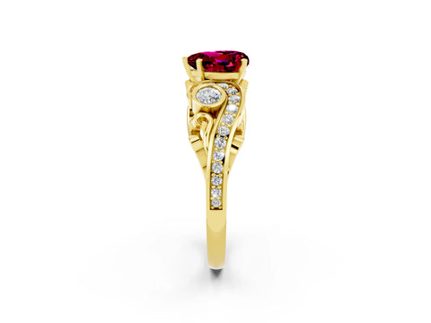 Yellow gold Heart Cut Garnet Solitaire Ring with Milgrain Pavé Band and Four-Prong Setting_26