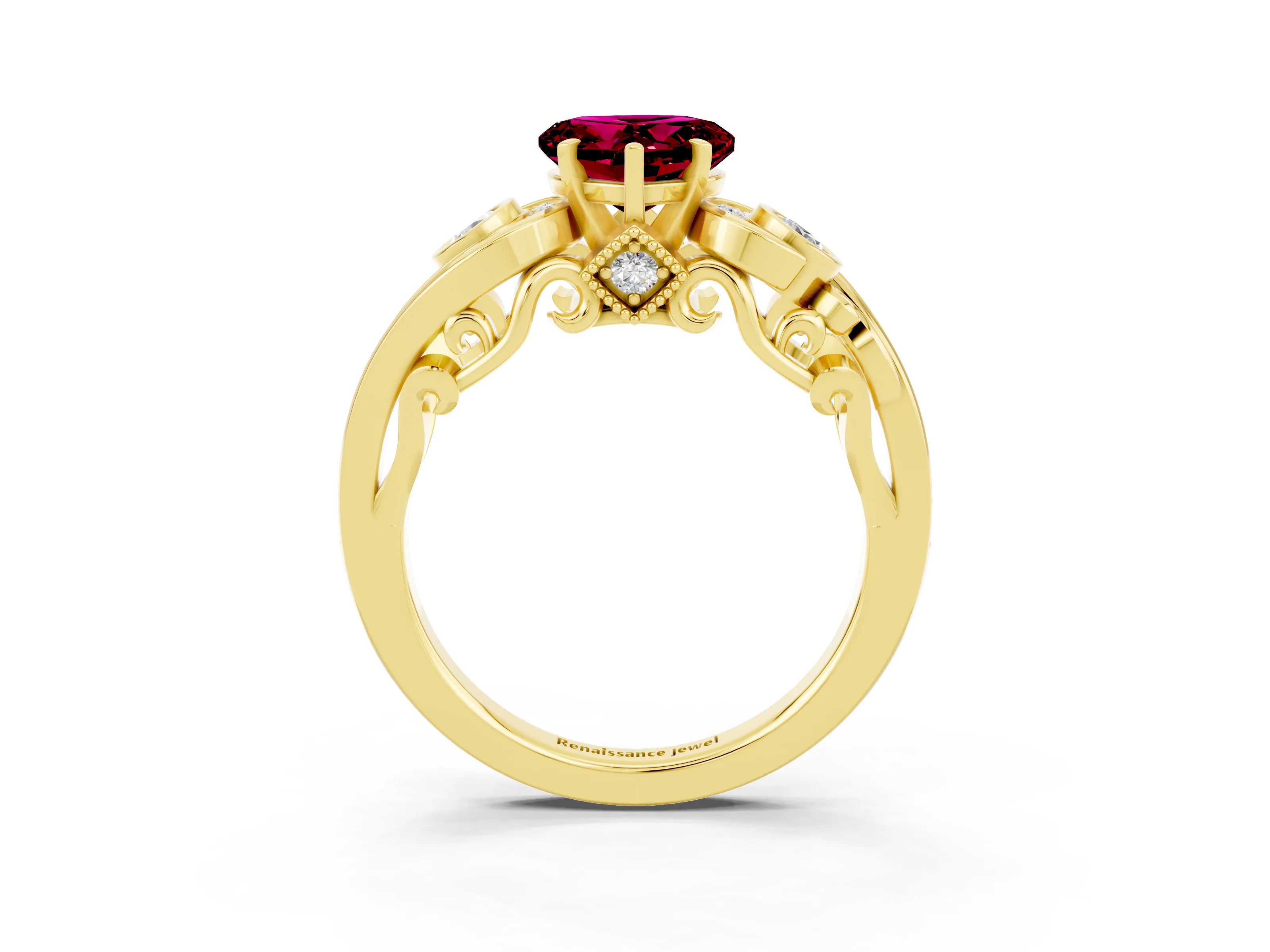 Yellow gold Heart Cut Garnet Solitaire Ring with Milgrain Pavé Band and Four-Prong Setting_27