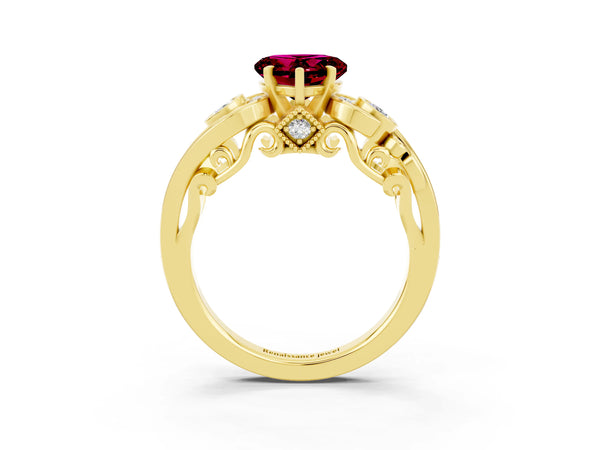 Yellow gold Heart Cut Garnet Solitaire Ring with Milgrain Pavé Band and Four-Prong Setting