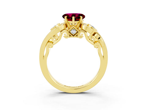 Yellow gold Heart Cut Garnet Solitaire Ring with Milgrain Pavé Band and Four-Prong Setting_27