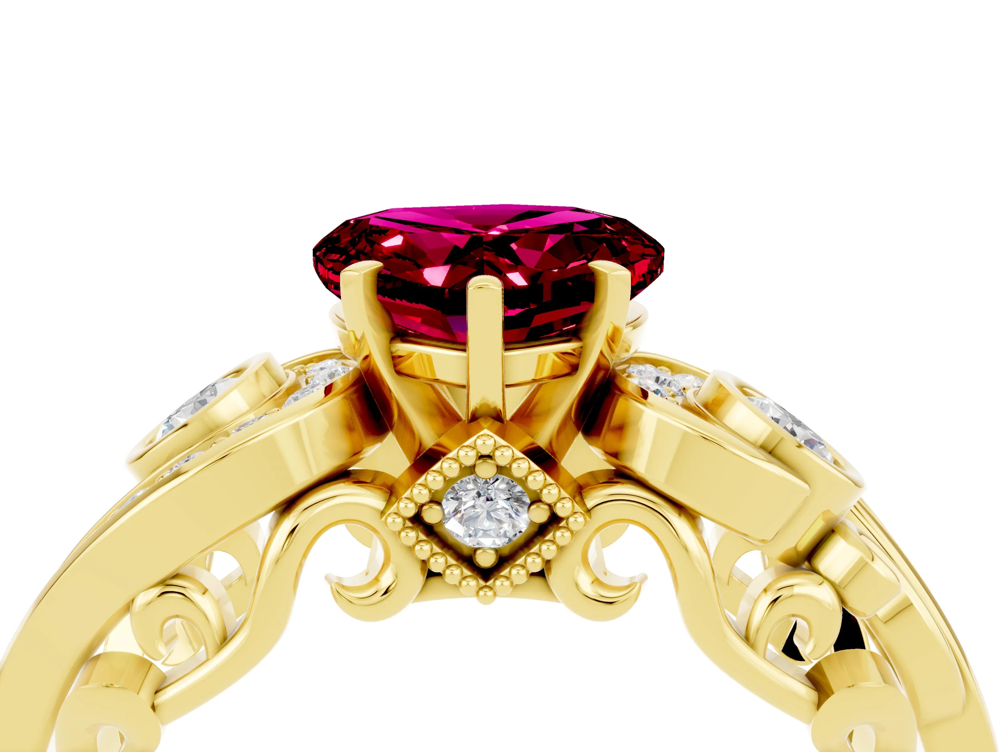 Yellow gold Heart Cut Garnet Solitaire Ring with Milgrain Pavé Band and Four-Prong Setting_28