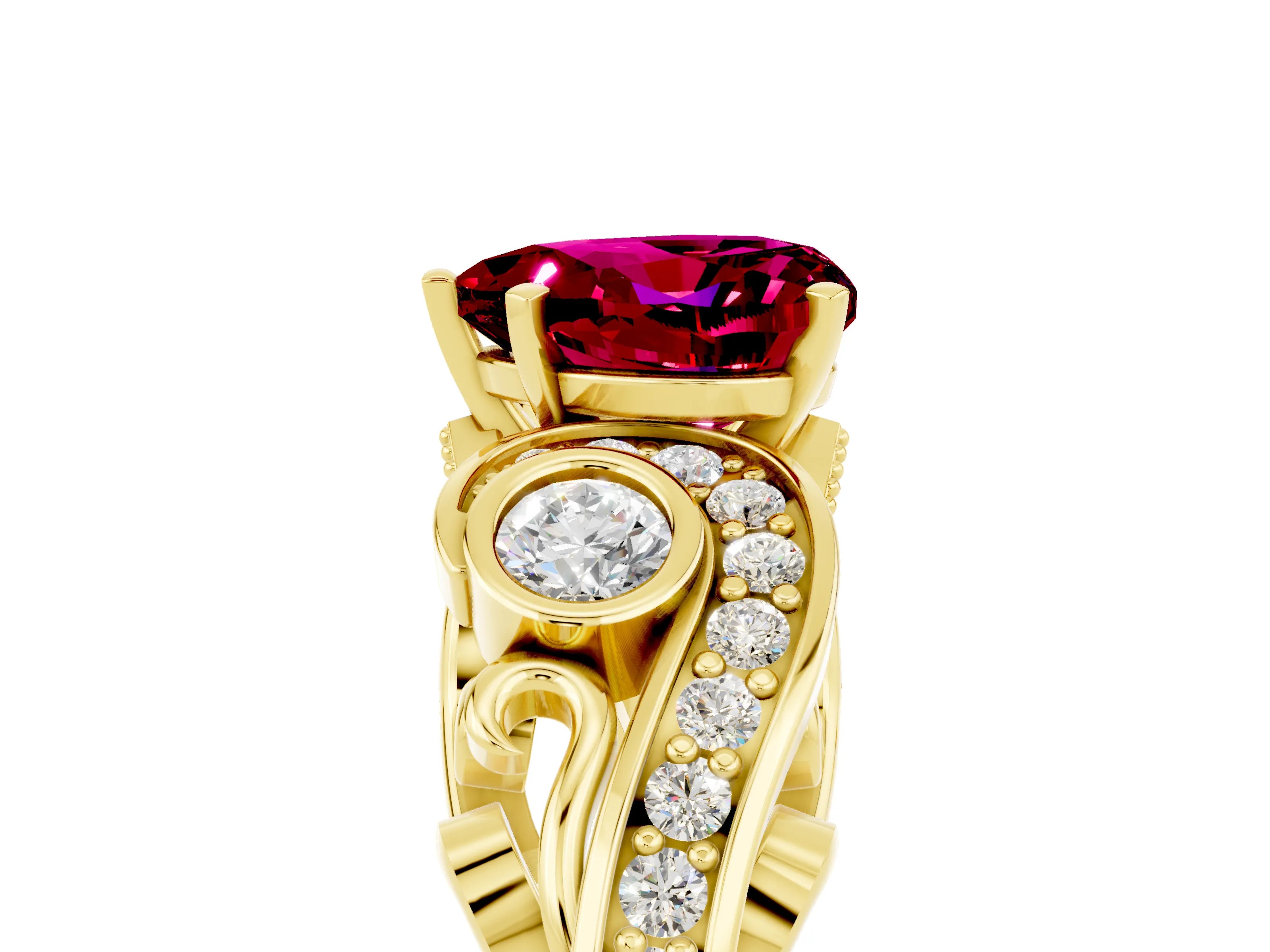 Yellow gold Heart Cut Garnet Solitaire Ring with Milgrain Pavé Band and Four-Prong Setting_29