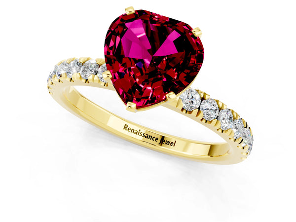 Yellow gold Heart Cut Garnet Solitaire Ring with Pavé Accents and Four-Prong Setting
