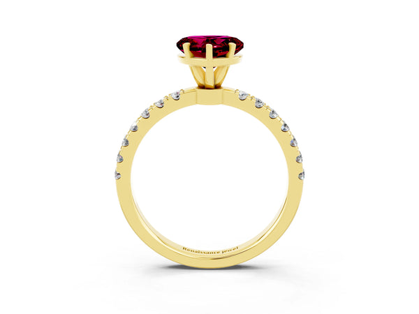 Yellow gold Heart Cut Garnet Solitaire Ring with Pavé Accents and Four-Prong Setting