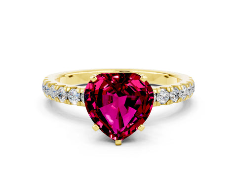 Yellow gold Heart Cut Garnet Solitaire Ring with Pavé Accents and Four-Prong Setting