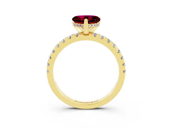 Yellow gold Heart Cut Garnet Solitaire Ring with Round  Pavé Band and Four-Prong Setting