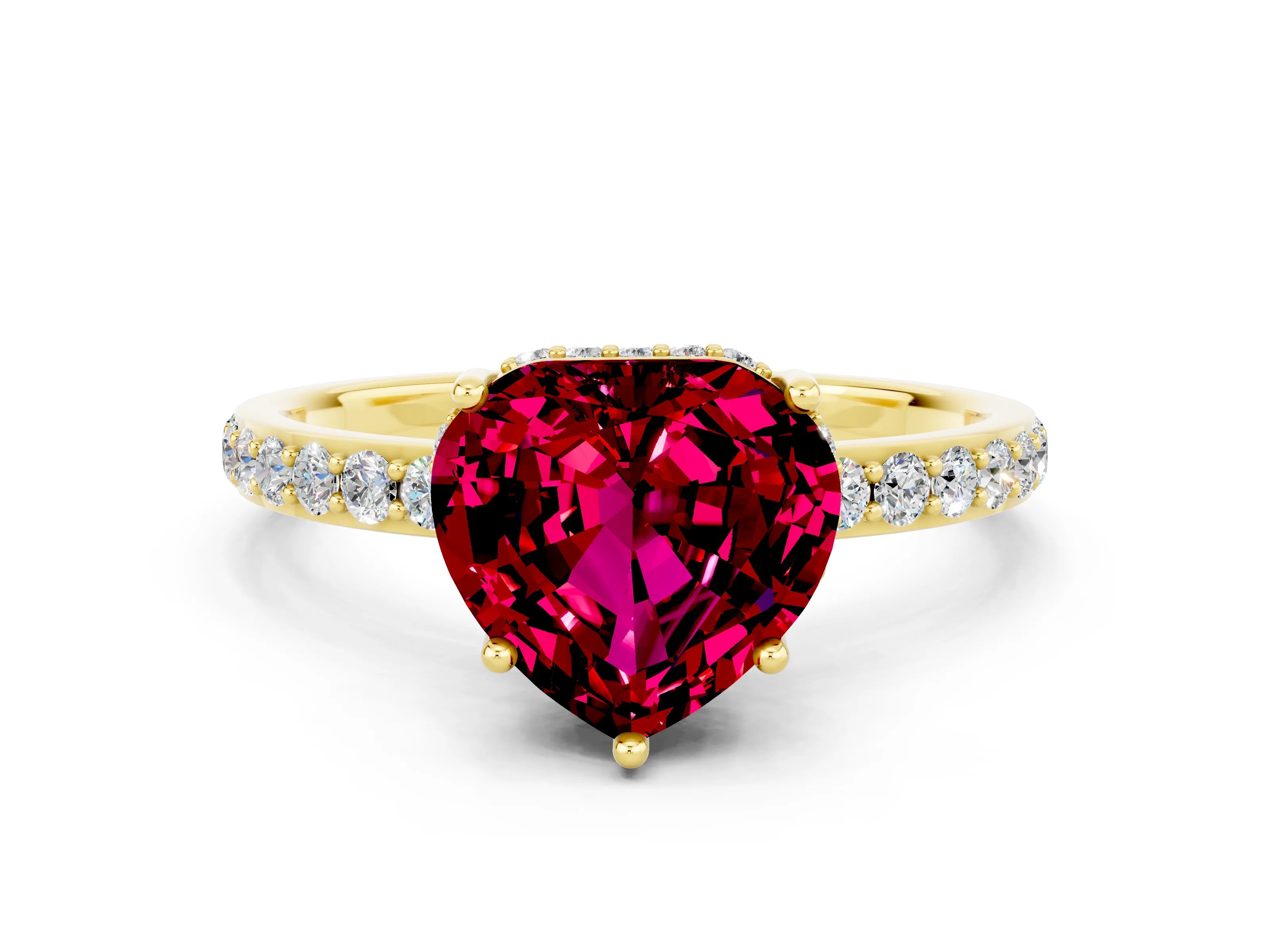 Yellow gold Heart Cut Garnet Solitaire Ring with Pavé Band and Hidden Halo_12