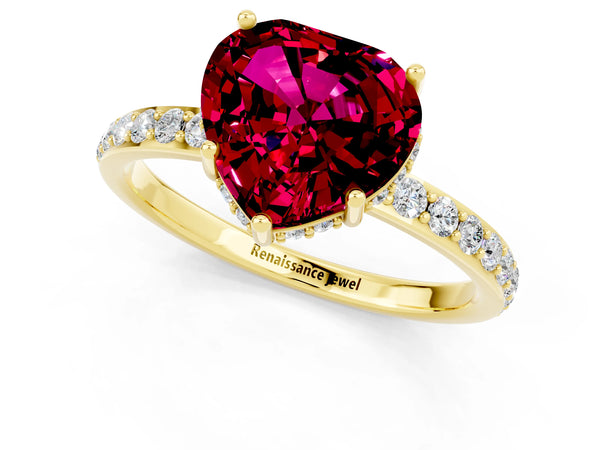 Yellow gold Heart Cut Garnet Solitaire Ring with Pavé Band and Hidden Halo