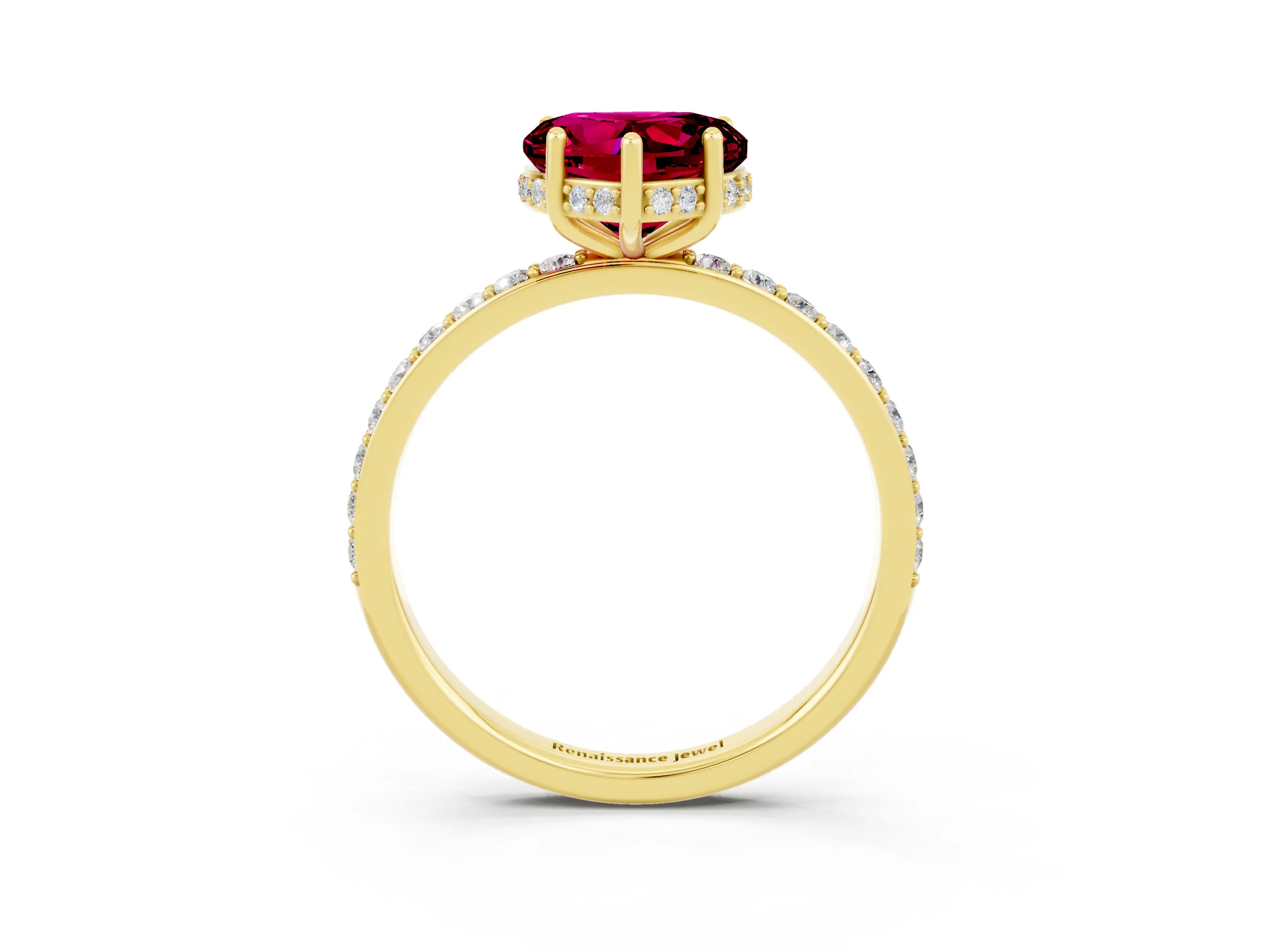 Yellow gold Heart Cut Garnet Solitaire Ring with Pavé Band and Hidden Halo_15